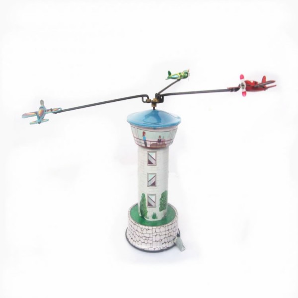 Rotating Aircraft Command Tower Wind Up Tin Toy