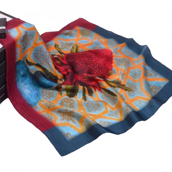 100% Pure Silk Scarf Flower Pattern Small Square Scarf 21" x 21" (53 x 53 cm), Red and Blue