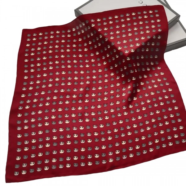 100% Pure Silk Scarf Panda Face Pattern Small Square Scarf 21" x 21" (53 x 53 cm), Wine Red