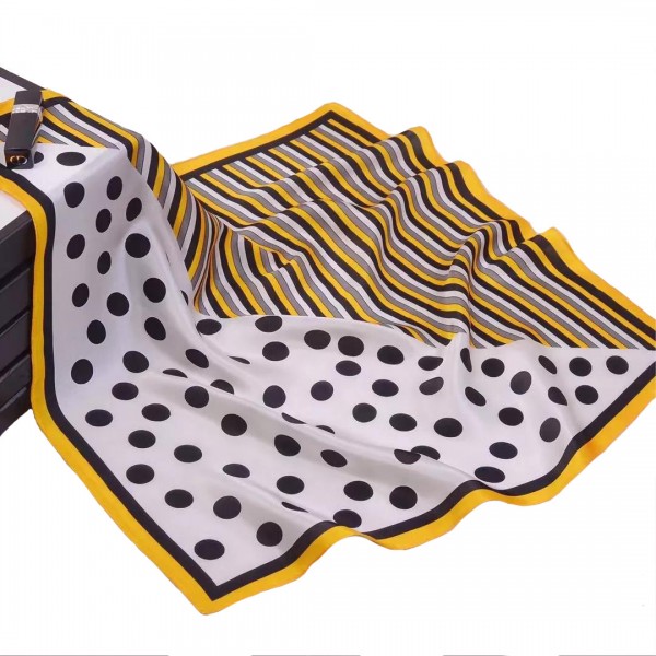 100% Pure Silk Scarf Round Dots and Stripes Pattern Small Square Scarf 21" x 21" (53 x 53 cm), Yellow