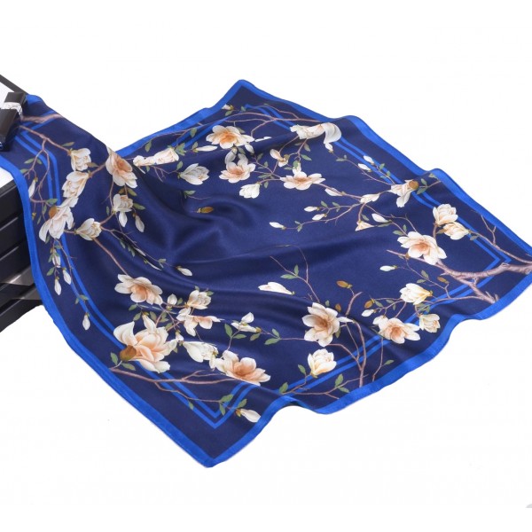 100% Pure Silk Scarf White Folwer Pattern Small Square Scarf 21" x 21" (53 x 53 cm), Blue
