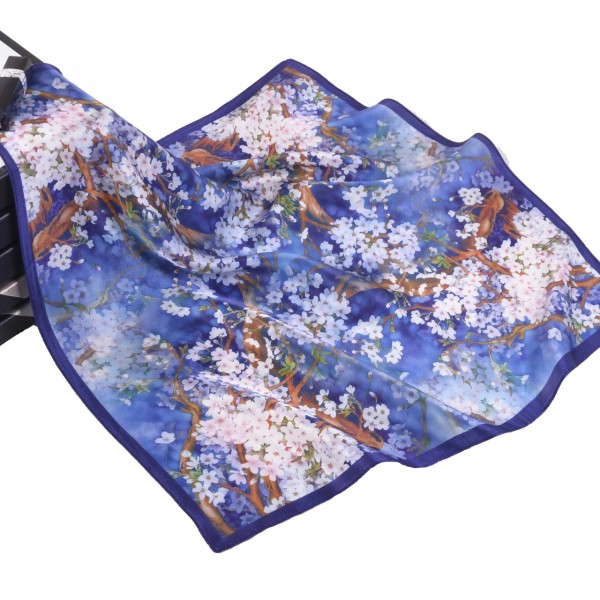 100% Pure Silk Scarf Sakura Pattern Small Square Scarf 21" x 21" (53 x 53 cm), Blue