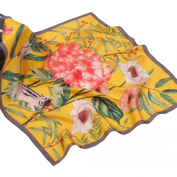 100% Pure Silk Scarf Flowers and Plants Pattern Small Square Scarf 21" x 21" (53 x 53 cm), Yellow