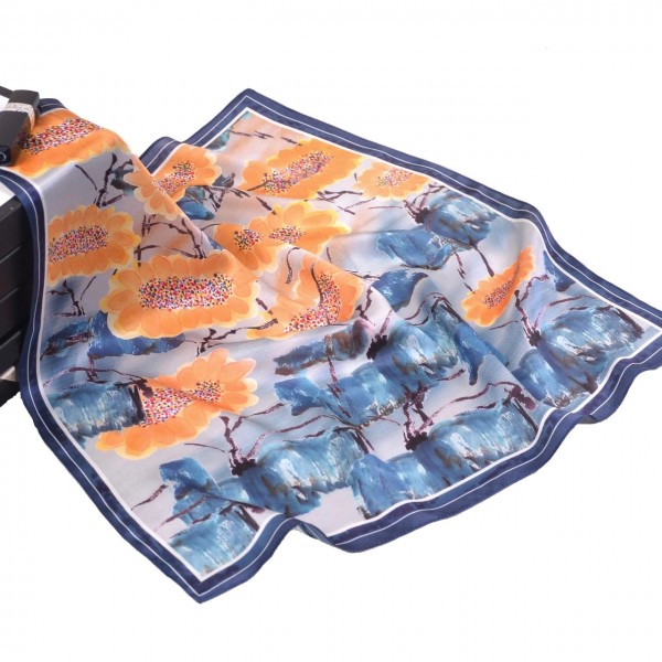 100% Pure Silk Scarf Golden Flowers Pattern Small Square Scarf 21" x 21" (53 x 53 cm), Blue