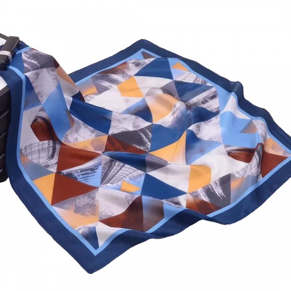 100% Pure Silk Scarf Triangle Pattern Small Square Scarf 21" x 21" (53 x 53 cm), Blue