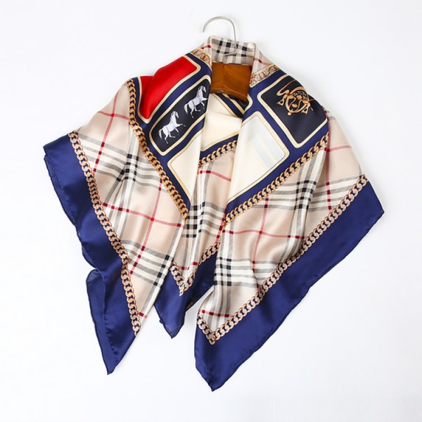 100% Pure Silk Scarf Soft and Comfortable Large Square Scarf 35" x 35" (90 x 90 cm), Blue Chequer