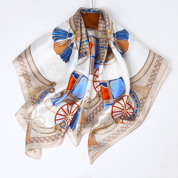 100% Pure Silk Scarf Soft and Comfortable Large Square Scarf 35" x 35" (90 x 90 cm), Carriage Pattern