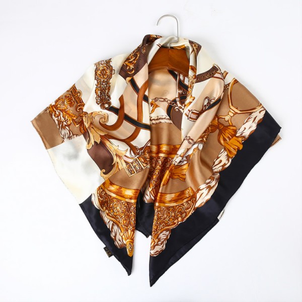 100% Pure Silk Scarf Soft and Comfortable Large Square Scarf 35" x 35" (90 x 90 cm), Brown and Blue