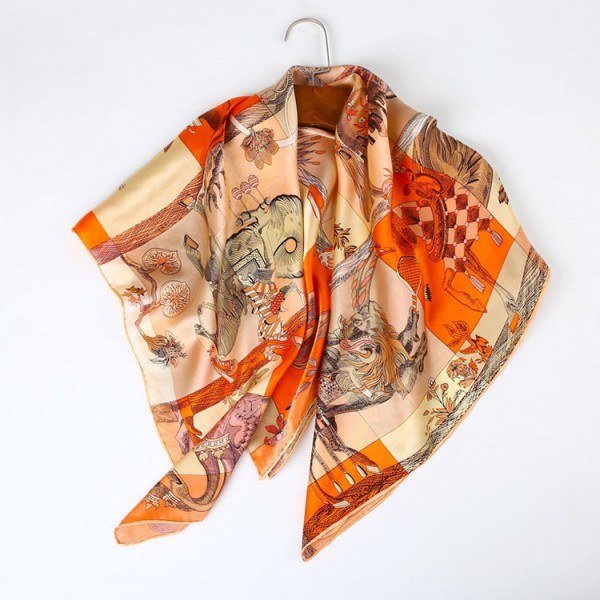 100% Pure Silk Scarf Soft and Comfortable Large Square Scarf 35" x 35" (90 x 90 cm), Orange Horse Pattern