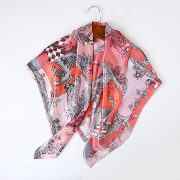 100% Pure Silk Scarf Soft and Comfortable Large Square Scarf 35" x 35" (90 x 90 cm), Pink Horse Pattern