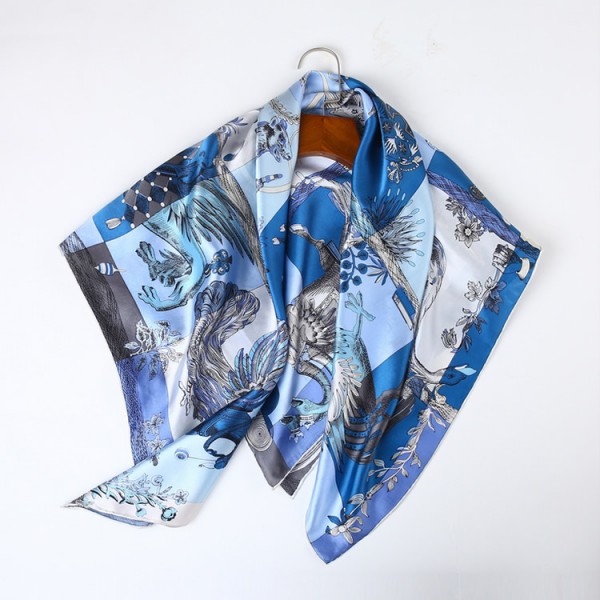 100% Pure Silk Scarf Soft and Comfortable Large Square Scarf 35" x 35" (90 x 90 cm), Blue Horse Pattern