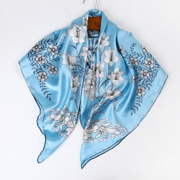 100% Pure Silk Scarf Soft and Comfortable Large Square Scarf 35" x 35" (90 x 90 cm), Light Blue Flowers