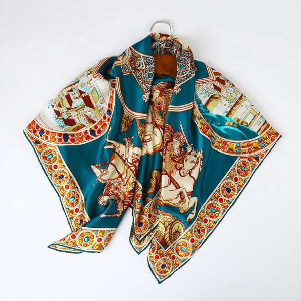 100% Pure Silk Scarf Soft and Comfortable Large Square Scarf 35" x 35" (90 x 90 cm), Green Knight