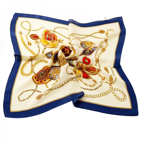 100% Pure Silk Scarf Pocket Watch Pattern Small Square Scarf 21" x 21" (53 x 53 cm), Blue