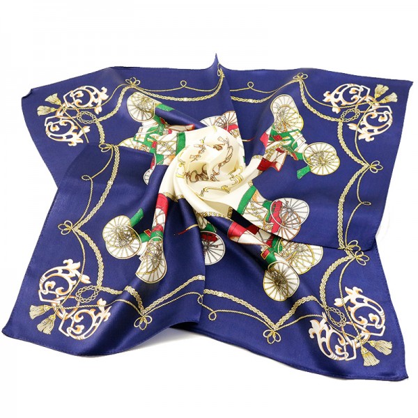 100% Pure Silk Scarf Carriage Pattern Small Square Scarf 21" x 21" (53 x 53 cm), Blue