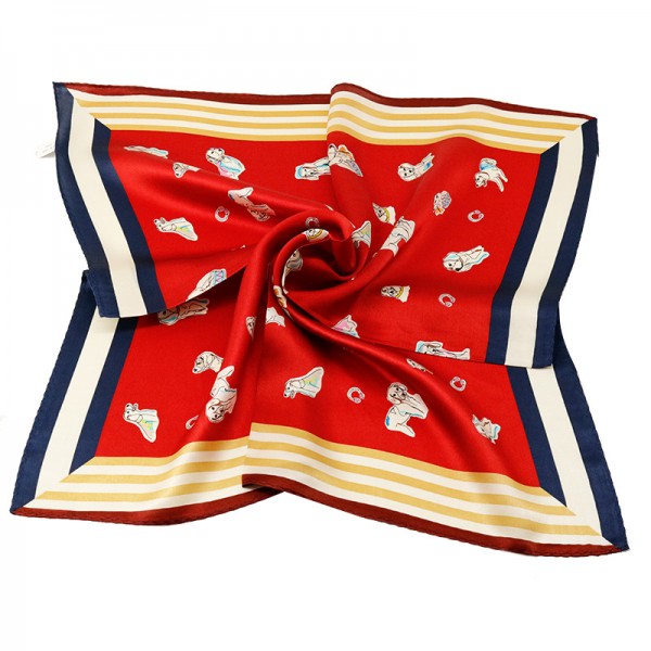 100% Pure Silk Scarf Dog Pattern Small Square Scarf 21" x 21" (53 x 53 cm), Red