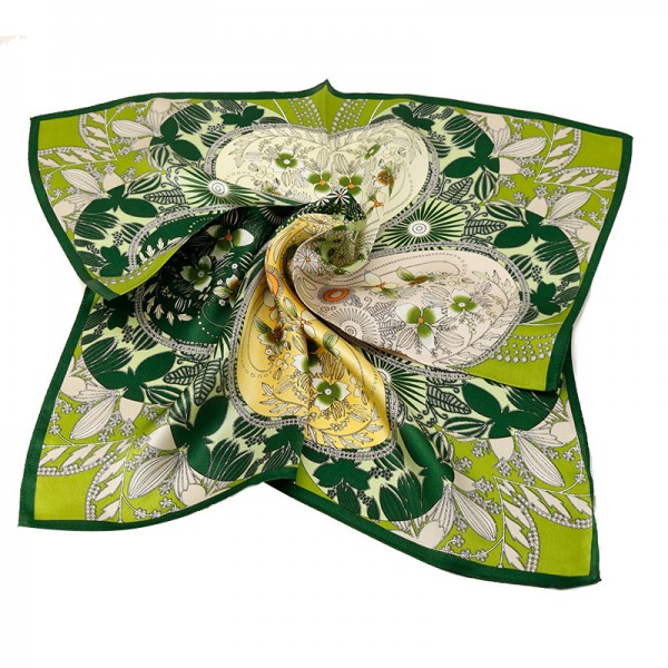 100% Pure Silk Scarf Flowers Pattern Small Square Scarf 21" x 21" (53 x 53 cm), Green