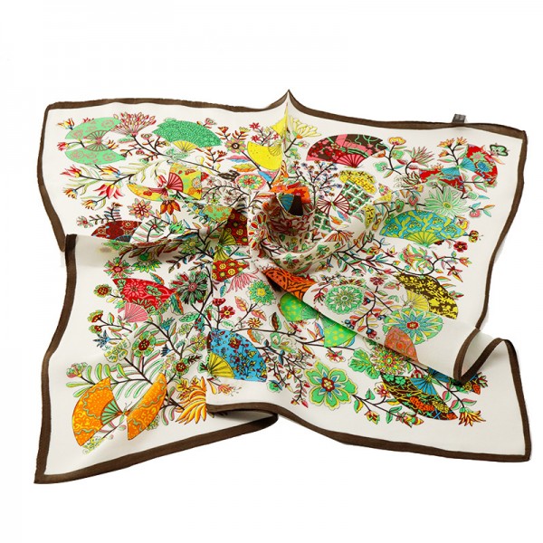 100% Pure Silk Scarf Flowering Shrubs Pattern Small Square Scarf 21" x 21" (53 x 53 cm), Colourful