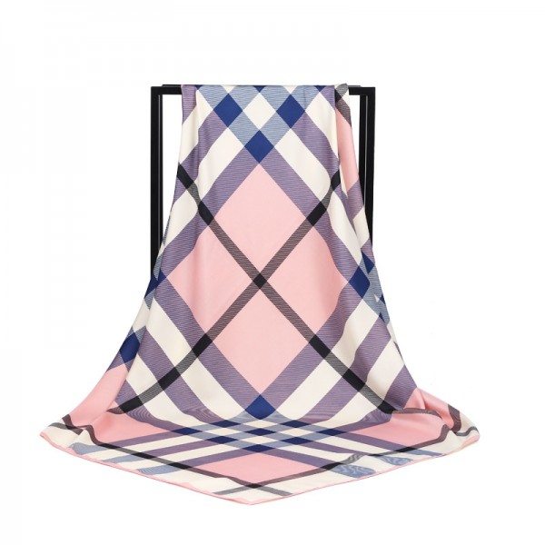 Silk Feeling Polyester Scarf Classcial Chequer Pattern Large Square Scarf 39" x 39" (100 x 100 cm) Headcloth, Pink