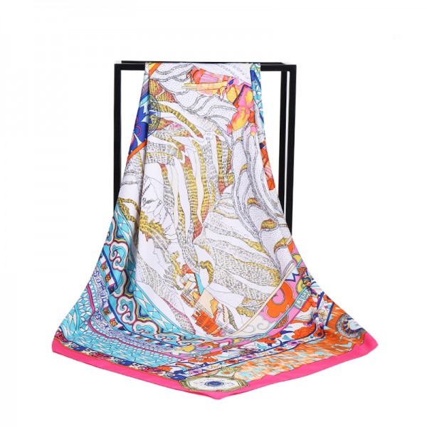 Silk Feeling Polyester Scarf Potala Palace Pattern Large Square Scarf 39" x 39" (100 x 100 cm) Headcloth, Pink