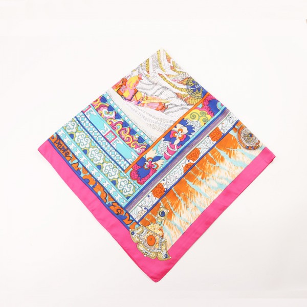 Silk Feeling Polyester Scarf Potala Palace Pattern Large Square Scarf 39" x 39" (100 x 100 cm) Headcloth, Pink