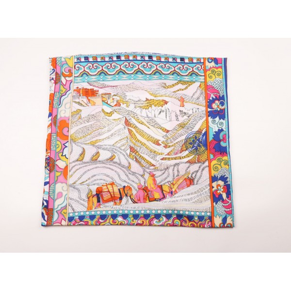 Silk Feeling Polyester Scarf Potala Palace Pattern Large Square Scarf 39" x 39" (100 x 100 cm) Headcloth, Pink