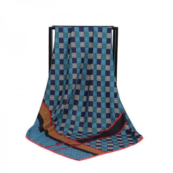 Silk Feeling Polyester Scarf Small Check Pattern Large Square Scarf 39" x 39" (100 x 100 cm) Headcloth, Blue