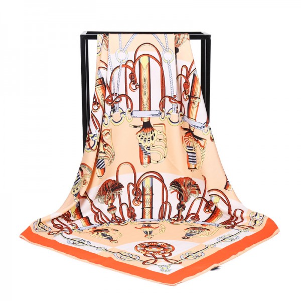 Silk Feeling Polyester Scarf Horse Saddle Pattern Large Square Scarf 39" x 39" (100 x 100 cm) Headcloth, Orange