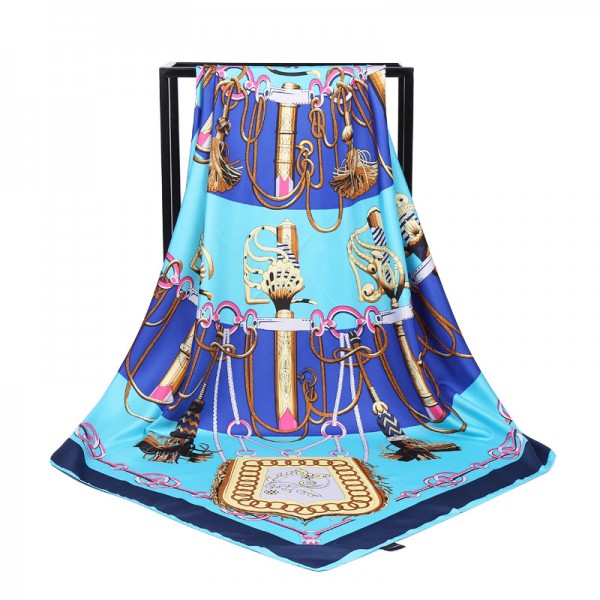 Silk Feeling Polyester Scarf Horse Saddle Pattern Large Square Scarf 39" x 39" (100 x 100 cm) Headcloth, Blue
