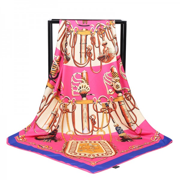 Silk Feeling Polyester Scarf Horse Saddle Pattern Large Square Scarf 39" x 39" (100 x 100 cm) Headcloth, Pink