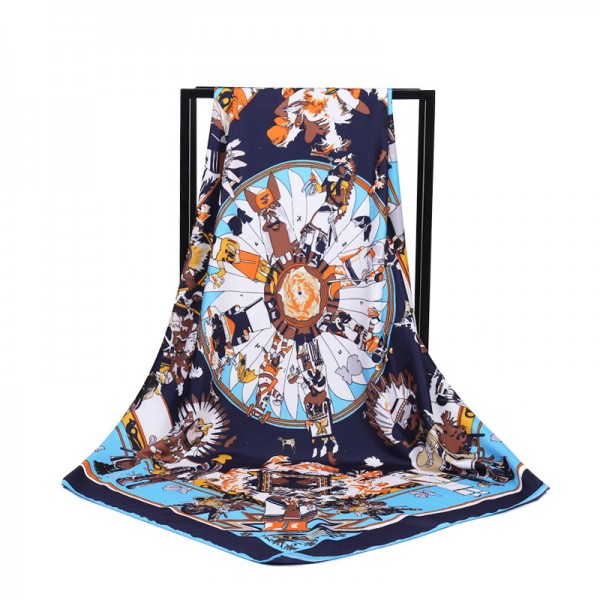 Silk Feeling Polyester Scarf Indian Pattern Large Square Scarf 39" x 39" (100 x 100 cm) Headcloth, Blue