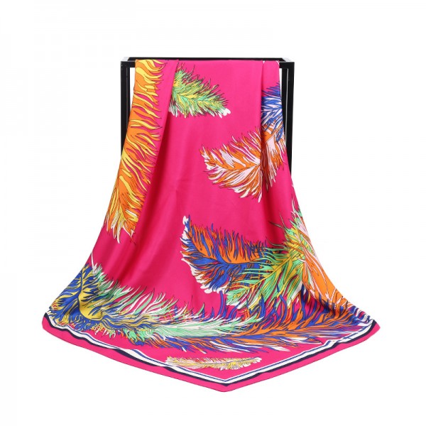 Silk Feeling Polyester Scarf Feather Pattern Large Square Scarf 39" x 39" (100 x 100 cm) Headcloth, Pink