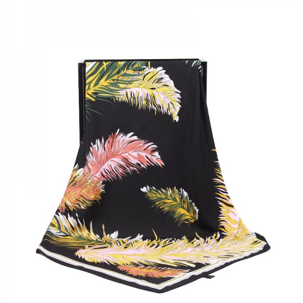 Silk Feeling Polyester Scarf Feather Pattern Large Square Scarf 39" x 39" (100 x 100 cm) Headcloth, Black