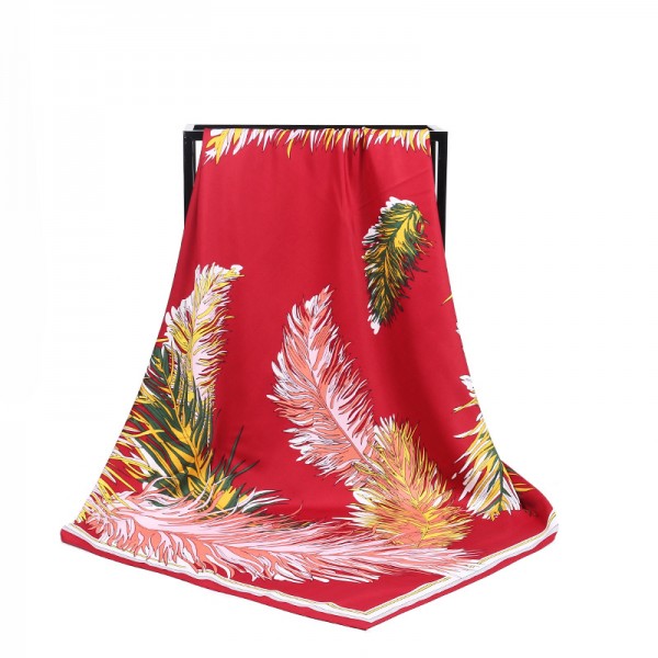 Silk Feeling Polyester Scarf Feather Pattern Large Square Scarf 39" x 39" (100 x 100 cm) Headcloth, Red