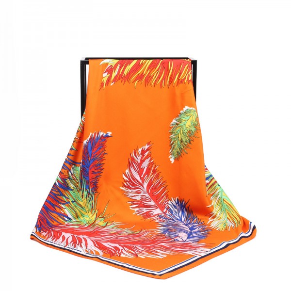 Silk Feeling Polyester Scarf Feather Pattern Large Square Scarf 39" x 39" (100 x 100 cm) Headcloth, Orange