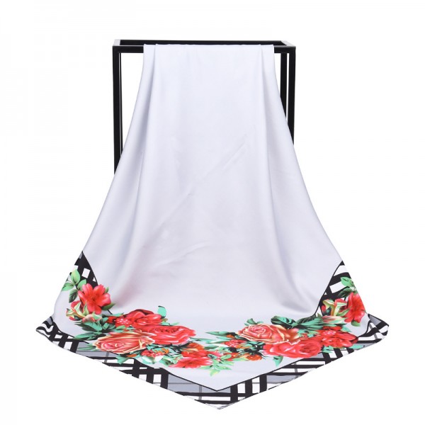 Silk Feeling Polyester Scarf Peonies Pattern Large Square Scarf 39" x 39" (100 x 100 cm) Headcloth, White