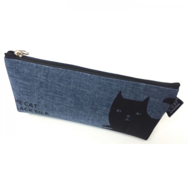 Little black cat canvas pencil case 7.6"x2.3"x1.5" blue, 901A